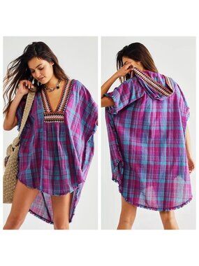 Free People Mari Poncho Hooded Crochet Cover Up Oversized Plaid Purple Blue M